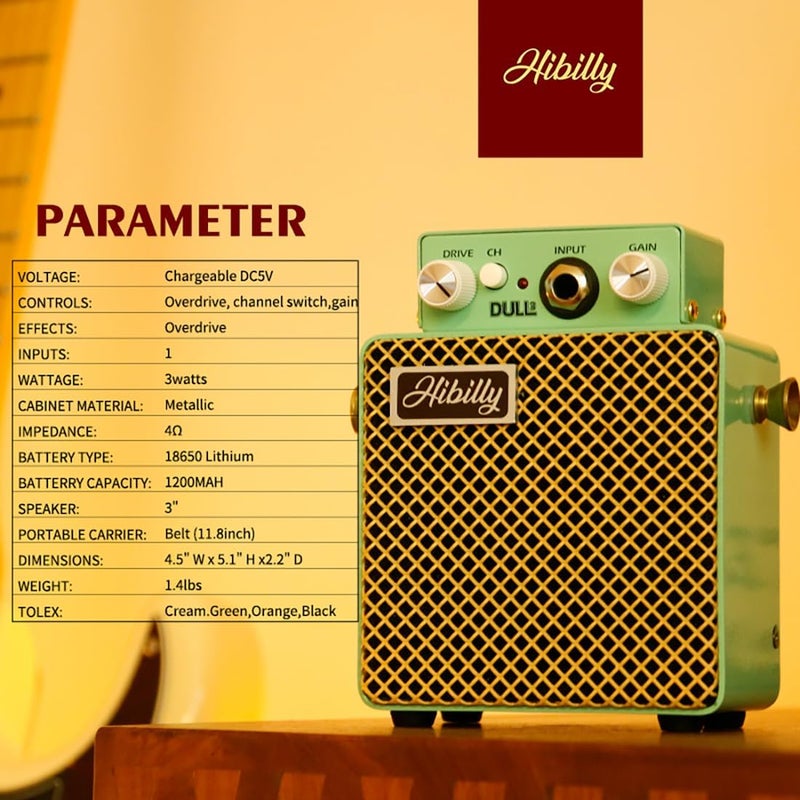 HiBilly Dull3 Full-Metal Mini Guitar Amplifier, Rechargeable 3W Pocket Micro Amp with Clean/Overdrive/Distortion Modes, 3" Speaker, 1200mAh Battery - Image 3